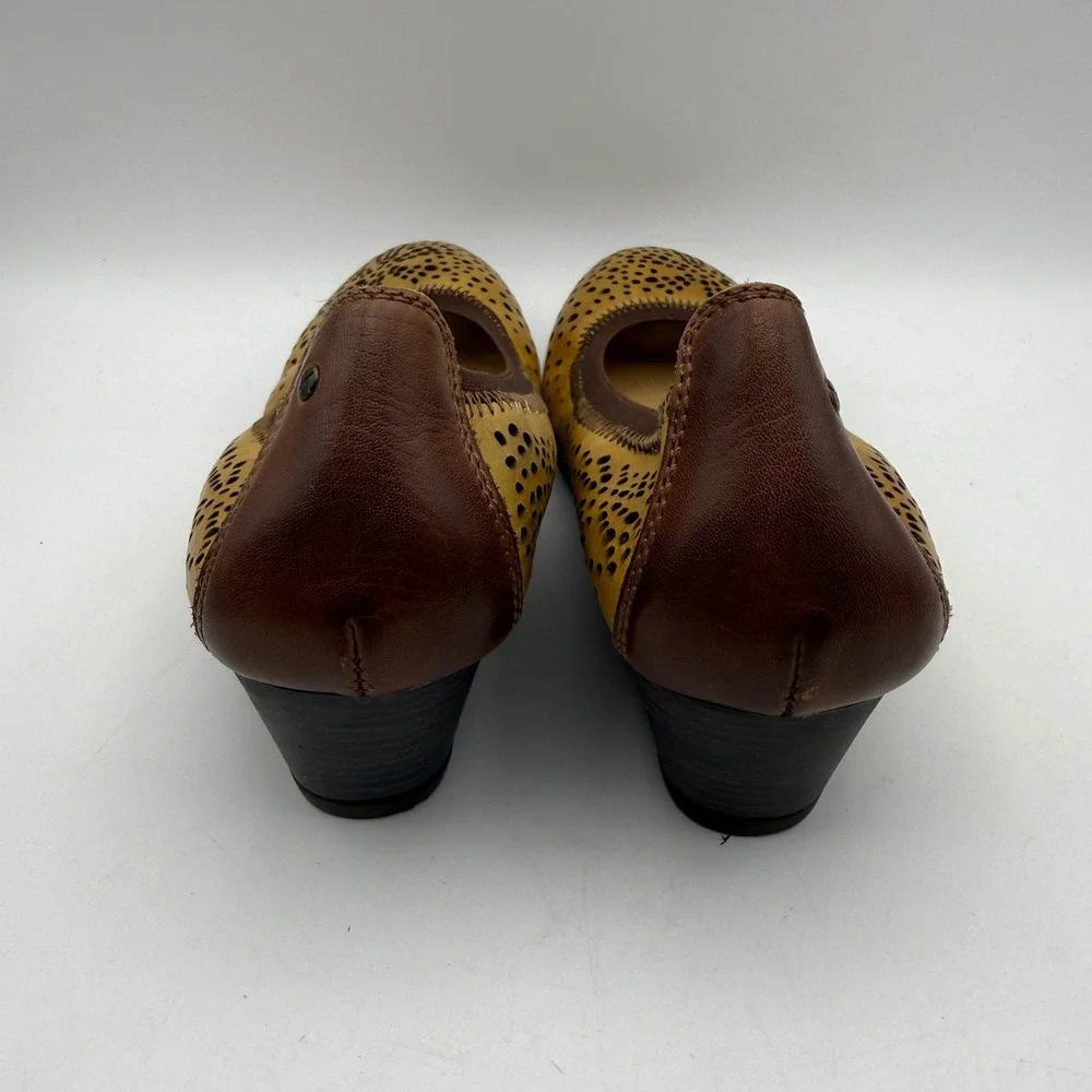 Pikolinos Wedge Pumps Womens 37 US 6.5-7 Yellow Leather Laser Cut Boho Slip On